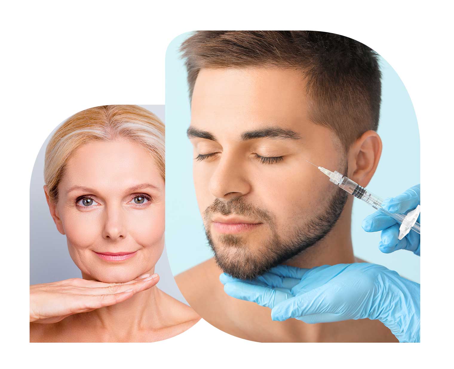Overlapping photos of young man getting injection on side of face on top of older woman smiling at camera and holding hand under chin.