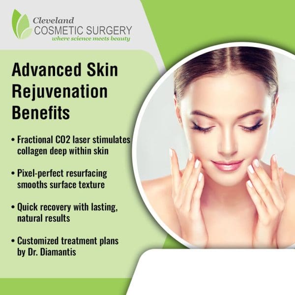 A woman gently touching her face, looking serene and healthy, with text on the left outlining "Advanced Skin Rejuvenation Benefits" such as fractional CO2 laser and quick recovery.