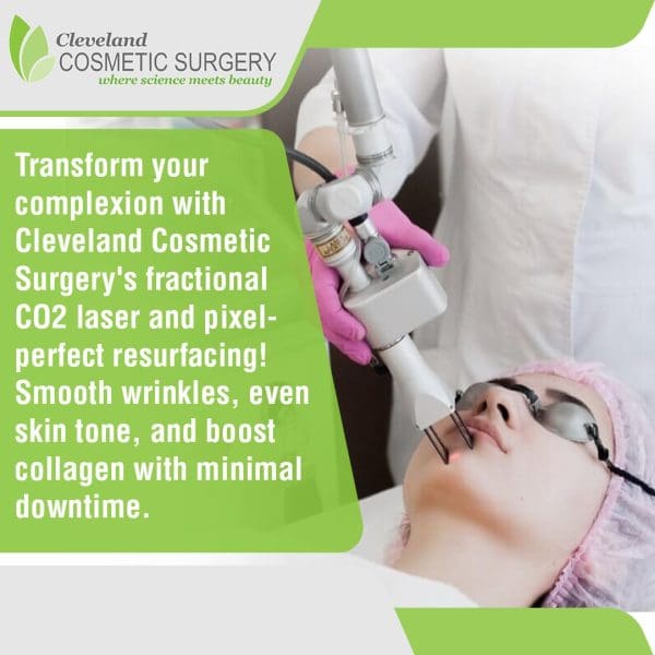 A patient undergoing a fractional CO2 laser skin treatment, wearing protective eyewear, with text on the left describing how Cleveland Cosmetic Surgery's laser treatment smooths wrinkles and boosts collagen.
