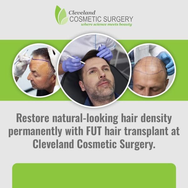 An advertisement for Cleveland Cosmetic Surgery's FUT hair transplant, showing three close-up photos of a male patient during the procedure.