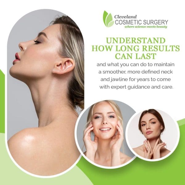 A promotional graphic for Cleveland Cosmetic Surgery featuring three women with smooth, defined necklines and jawlines.